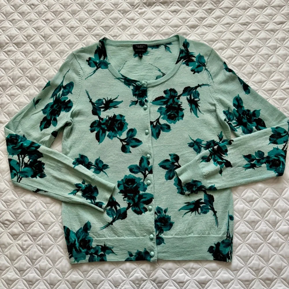 Talbots Pure Italian Merino Wool Button Down Cardigan Mint Teal Floral Size S